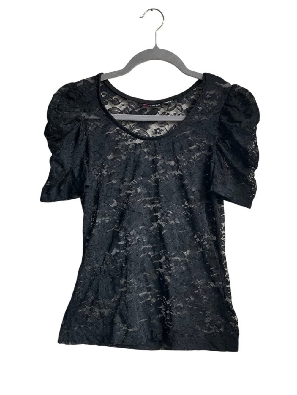 Ultra Flirt Y2K Med Black Lace Puff Sleeve Top Sheer Floral Whimsical Fairy Goth